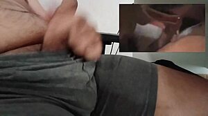 cuckold husband strokes his small cock furiously while fantasizing about monster cocks pounding his wife