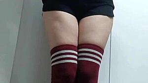 Cheeky Change Room Slut Tries Topless Nude Thigh-High Socks