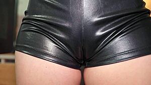 Stepsister's Big Clit Cameltoe Tease in Latex Shorts Close-Up Pussy Lip View