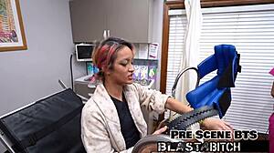 Channy Crossfire's pussy fucked hard by lesbians with toys and gloves close up