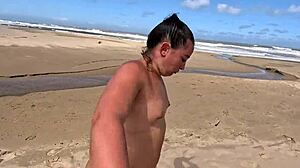 Amateur chubby brunette beach blowjob ends in public cumshot walk after handjob