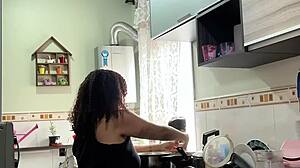chubby latina housewife jiggles fat belly and big ass cooking in panties