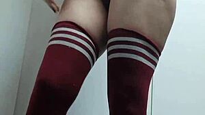 Cheeky Change Room Slut Tries Topless Nude Thigh-High Socks