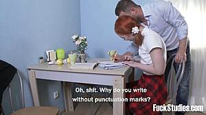 lad teases cute ginger's shaved pussy before full hardcore fuck