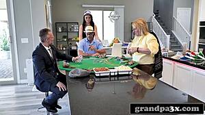Young busty teen loses poker to three kinky old men rimming ass then monster cock gangbang