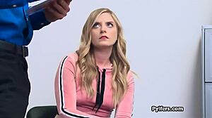 Blonde suspect gags deepthroat then rides cock in backoffice