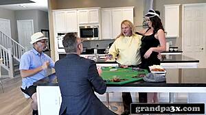 Young busty teen loses poker to three kinky old men rimming ass then monster cock gangbang