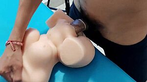 Young guy strokes huge cock with kinky toy while neighbors watch bisexual domination play!