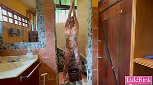 Humiliating Cheating Big Ass Slave with Foam Body Writing and Bondage in Shower