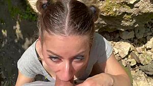 heart racing as cute slut licks balls then takes monster cock outdoor