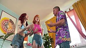 petite european redhead babe joins ffm threesome riding cock in dorm