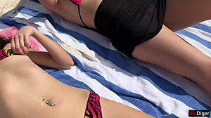 Public beach pickup stepmom stepdaughter flash dick cum facial