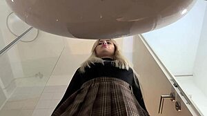 Big Tits Blonde Strips Pantyhose Miniskirt Heels In Bathroom!