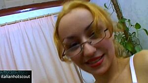 Glasses blonde hides her slutty cravings underneath