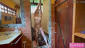 Humiliating Cheating Big Ass Slave with Foam Body Writing and Bondage in Shower