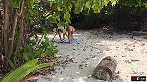 Public beach pickup stepmom stepdaughter flash dick cum facial