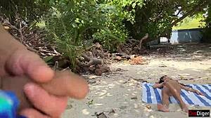 Public beach pickup stepmom stepdaughter flash dick cum facial