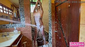 Humiliating Cheating Big Ass Slave with Foam Body Writing and Bondage in Shower