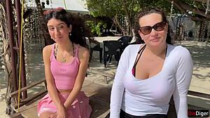 Public beach pickup stepmom stepdaughter flash dick cum facial