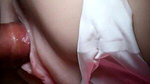 Double toys stretch her slippery shaved fuck doll pussy wide