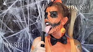 Nerdy Brazilian Lesbian Fucks Pumpkin Pussy for Halloween Fetish Thrill