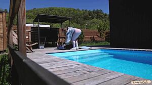 Hey neighbor spied my morning yoga by the pool now join the fun