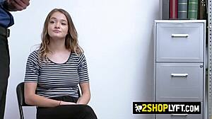 Petite Shoplifter Teen Swallows Officers Massive Cock in Office Discipline