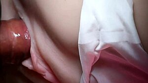 Double toys stretch her slippery shaved fuck doll pussy wide