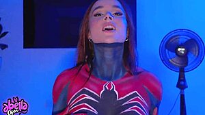 hot spiderwoman rides her fan until he cums hard