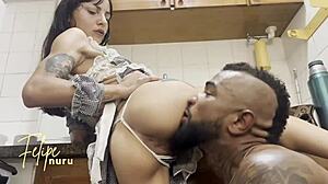 Black maid bareback sucks big monster cock before face sitting orgasm on rich teen