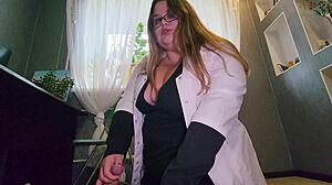 mistress bbw doctor slaps heel on patient's cock then feet in tights control his orgasm