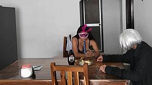 Perverted Latina Student Flashes Natural Big Tits Seducing Old Man at Breakfast Desk