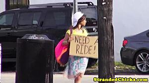 Hitchhiking Brunette Teen Sucks and Fucks Big Cock in Car