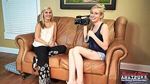 Blonde hotties Bailey and Olyssia suck pussies, ride cock, and take facials