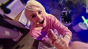 short hair blonde milf blows huge cock like a pro for cumshot