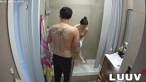 luuv grossy shaves smooth legs in steamy shower flashing shaved pussy