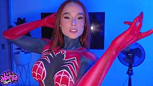hot spiderwoman rides her fan until he cums hard