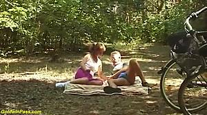 Riding bikes turns rough with 71-year-old granny bent over outdoors