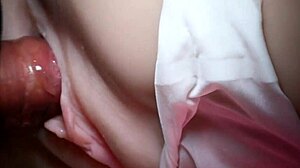 Double toys stretch her slippery shaved fuck doll pussy wide
