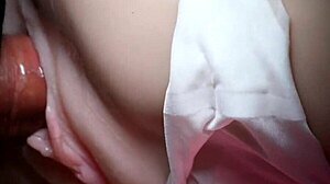 Double toys stretch her slippery shaved fuck doll pussy wide