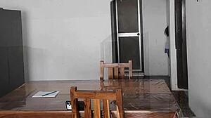 Perverted Latina Student Flashes Natural Big Tits Seducing Old Man at Breakfast Desk