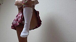 😍 tanned japanese rumina sena swaps miniskirt uniform for micro bikini big tits flash