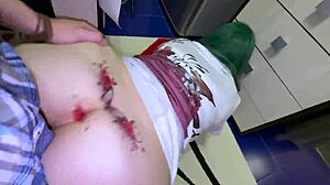 Mature milf kneels on floor with stepson close