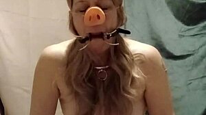 French slave endures indoctrination fellatio pig snout spreader session