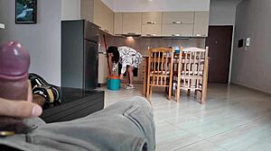 Stepmom's eyes widen at stepsons huge cock before she bends over for taboo pussy pounding.