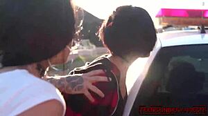 Young tattooed stunners handcuffed by cop ride his monster cock rough outdoors