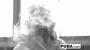 sexy ashlee graham puffs smoke flaunting her huge natural tits and pussy