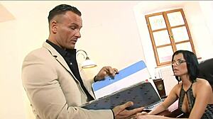 Brunette secretary stripped nude for intense groping and fucking