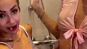 Real lesbian amateurs sneak backstage fuck after wet shower clothed pov threesome