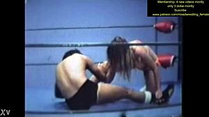 Nude mixed wrestling turns into raw body slamming dominance